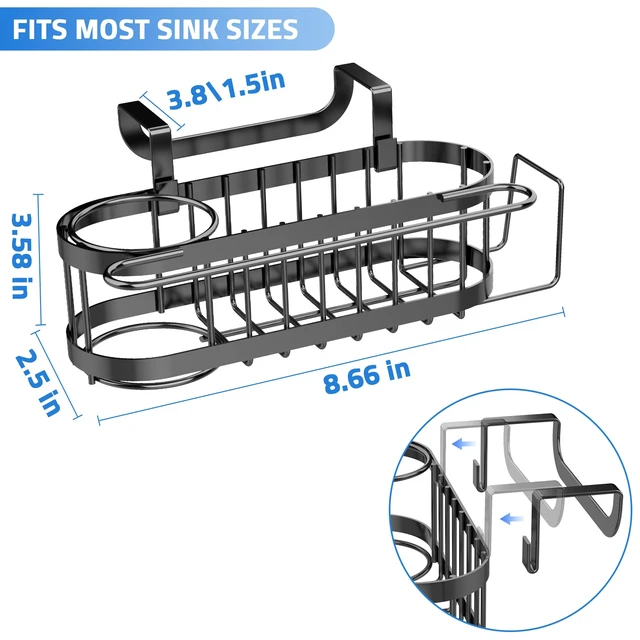 Alt view image 4 of 7 - Kitchen Sink Caddy Sponge Holder in The Sink, Stainless Steel Kitchen Sink Organizer, Brush Holder, Dish Cloth Hanger, Sink Stopper Holder (Hanging-Black)