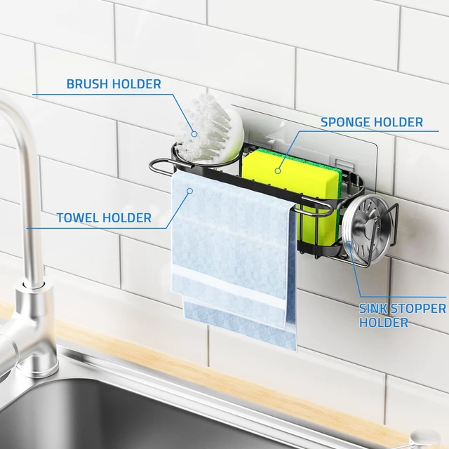 Alt view image 6 of 7 - Kitchen Sink Caddy Sponge Holder in The Sink, Stainless Steel Kitchen Sink Organizer, Brush Holder, Dish Cloth Hanger, Sink Stopper Holder (Hanging-Black)