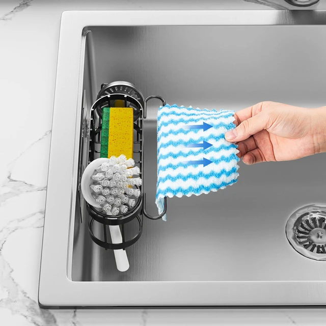 Alt view image 7 of 7 - Kitchen Sink Caddy Sponge Holder in The Sink, Stainless Steel Kitchen Sink Organizer, Brush Holder, Dish Cloth Hanger, Sink Stopper Holder (Hanging-Black)