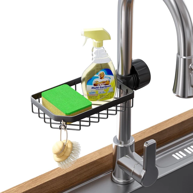 Main image of Sponge Holder Over Faucet Kitchen Sink Caddy Organizer, Stainless Steel Detachable Hanging Faucet Drain Rack for Bathroom, Scrubbers, Soap, (Black)