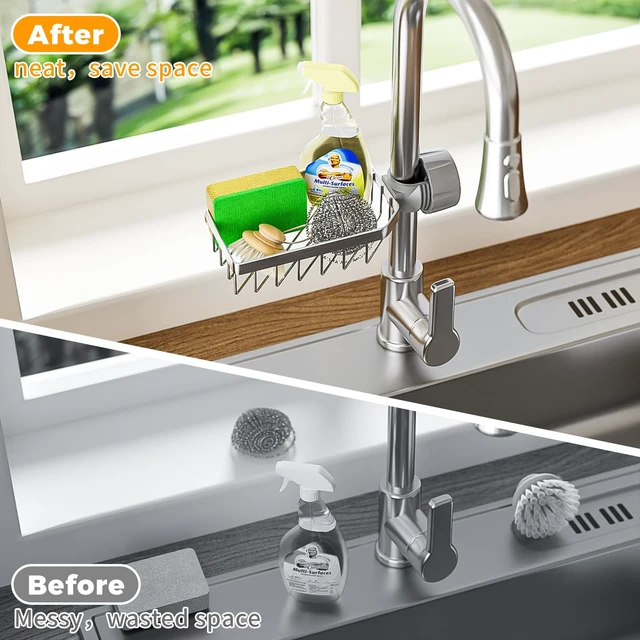 Alt view image 5 of 6 - Sponge Holder Over Faucet Kitchen Sink Caddy Organizer, Stainless Steel Detachable Hanging Faucet Drain Rack for Bathroom, Scrubbers, Soap, (Black)