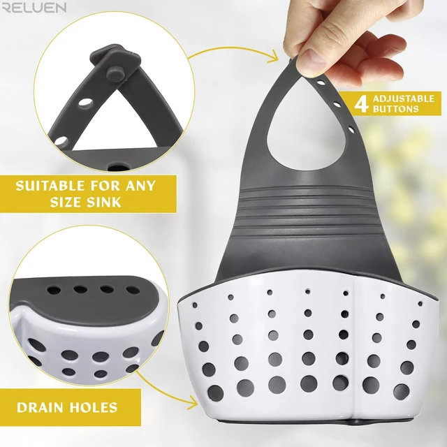 Alt view image 3 of 7 - Hanging Sponge Holder for Kitchen Sink, Over Faucet Silicone Caddy | Adjustable Strap Wraps Most Taps While Drain Holes Let Sponges Dry Fast - White Silicone Wipes Clean, No Suction Cups Needed