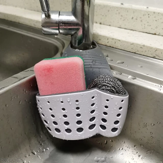 Alt view image 6 of 7 - Hanging Sponge Holder for Kitchen Sink, Over Faucet Silicone Caddy | Adjustable Strap Wraps Most Taps While Drain Holes Let Sponges Dry Fast - White Silicone Wipes Clean, No Suction Cups Needed