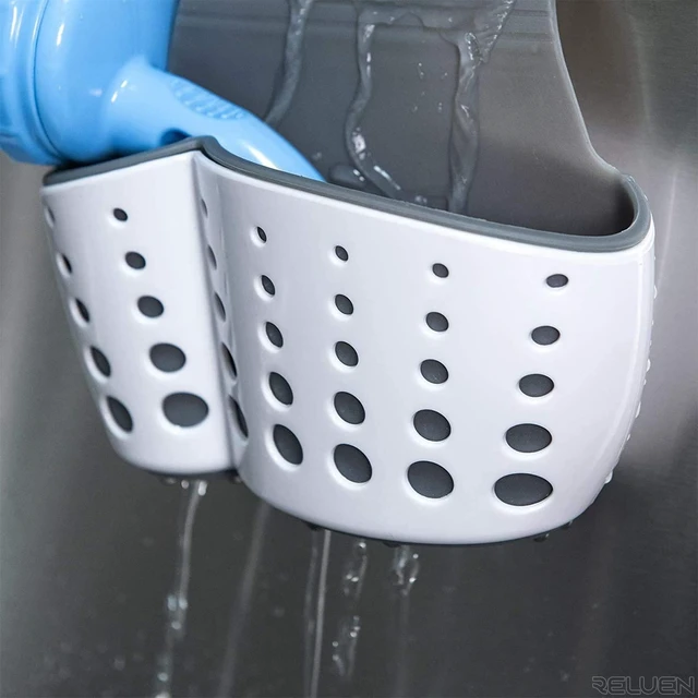 Alt view image 5 of 7 - Hanging Sponge Holder for Kitchen Sink, Over Faucet Silicone Caddy | Adjustable Strap Wraps Most Taps While Drain Holes Let Sponges Dry Fast - White Silicone Wipes Clean, No Suction Cups Needed