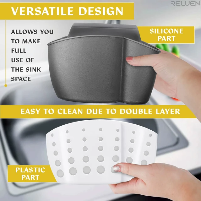Alt view image 4 of 7 - Hanging Sponge Holder for Kitchen Sink, Over Faucet Silicone Caddy | Adjustable Strap Wraps Most Taps While Drain Holes Let Sponges Dry Fast - White Silicone Wipes Clean, No Suction Cups Needed