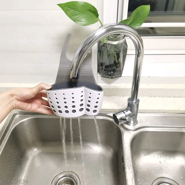 Alt view image 7 of 7 - Hanging Sponge Holder for Kitchen Sink, Over Faucet Silicone Caddy | Adjustable Strap Wraps Most Taps While Drain Holes Let Sponges Dry Fast - White Silicone Wipes Clean, No Suction Cups Needed