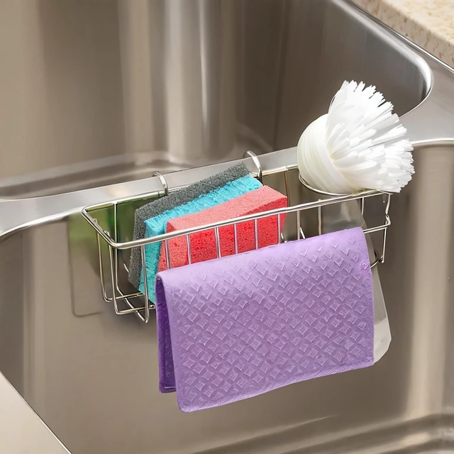 Main image of 3-in-1 Sponge Holder for Kitchen Sink, Double Bowl Sinks Caddy, 304 Stainless Steel Hanging Sink Organizer & Accessories, Dish Cloth Drainer Basket Brush Soap Rack Silver