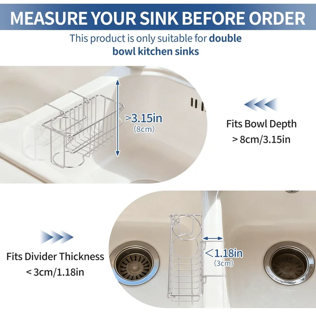 Alt view image 3 of 7 - 3-in-1 Sponge Holder for Kitchen Sink, Double Bowl Sinks Caddy, 304 Stainless Steel Hanging Sink Organizer & Accessories, Dish Cloth Drainer Basket Brush Soap Rack Silver