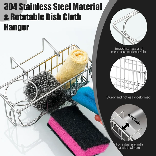 Alt view image 4 of 7 - 3-in-1 Sponge Holder for Kitchen Sink, Double Bowl Sinks Caddy, 304 Stainless Steel Hanging Sink Organizer & Accessories, Dish Cloth Drainer Basket Brush Soap Rack Silver