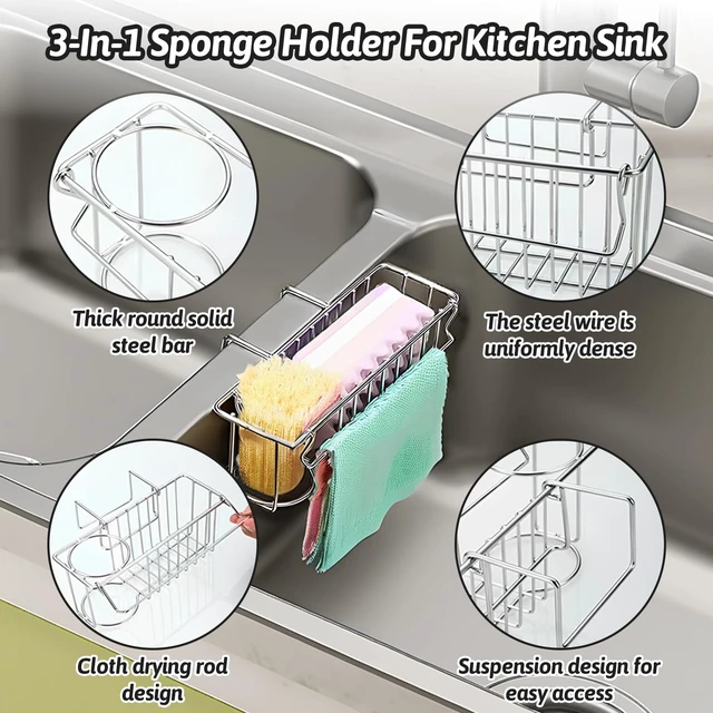 Alt view image 5 of 7 - 3-in-1 Sponge Holder for Kitchen Sink, Double Bowl Sinks Caddy, 304 Stainless Steel Hanging Sink Organizer & Accessories, Dish Cloth Drainer Basket Brush Soap Rack Silver