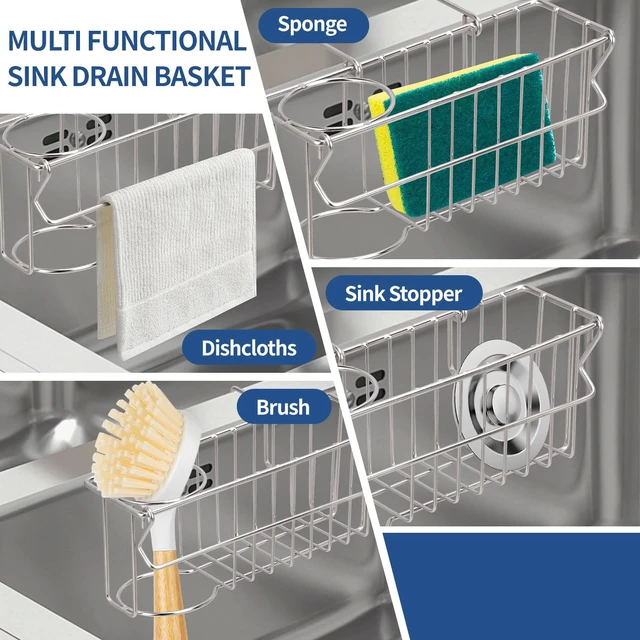 Alt view image 7 of 7 - 3-in-1 Sponge Holder for Kitchen Sink, Double Bowl Sinks Caddy, 304 Stainless Steel Hanging Sink Organizer & Accessories, Dish Cloth Drainer Basket Brush Soap Rack Silver