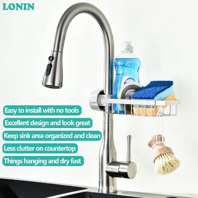 Alt view image 2 of 7 - Sponge Holder Over Faucet Kitchen Sink Caddy Organizer, Stainless Steel Sink Rack for Sponge, Brush and Soap, Quick Drain Hanging Faucet Holder