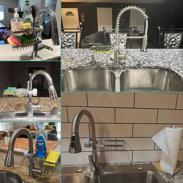 Alt view image 3 of 7 - Sponge Holder Over Faucet Kitchen Sink Caddy Organizer, Stainless Steel Sink Rack for Sponge, Brush and Soap, Quick Drain Hanging Faucet Holder