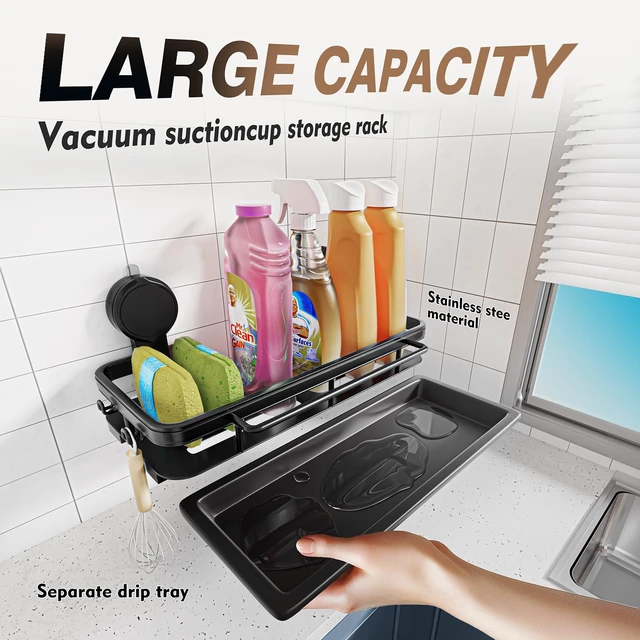 Alt view image 2 of 7 - 4-in-1 Sink Caddy Sponge Holder wih Strong Suction Cup, Multi-use | Sponge Holder for Kitchen Sink Organizer with Hanging Hooks, Towel Rod, Drip Tray for Sponge, Brush, Scrubber, Scraper