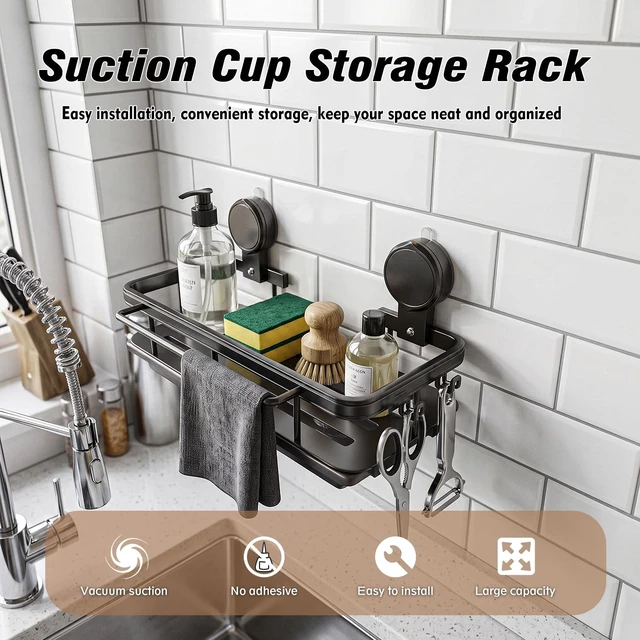 Alt view image 3 of 7 - 4-in-1 Sink Caddy Sponge Holder wih Strong Suction Cup, Multi-use | Sponge Holder for Kitchen Sink Organizer with Hanging Hooks, Towel Rod, Drip Tray for Sponge, Brush, Scrubber, Scraper