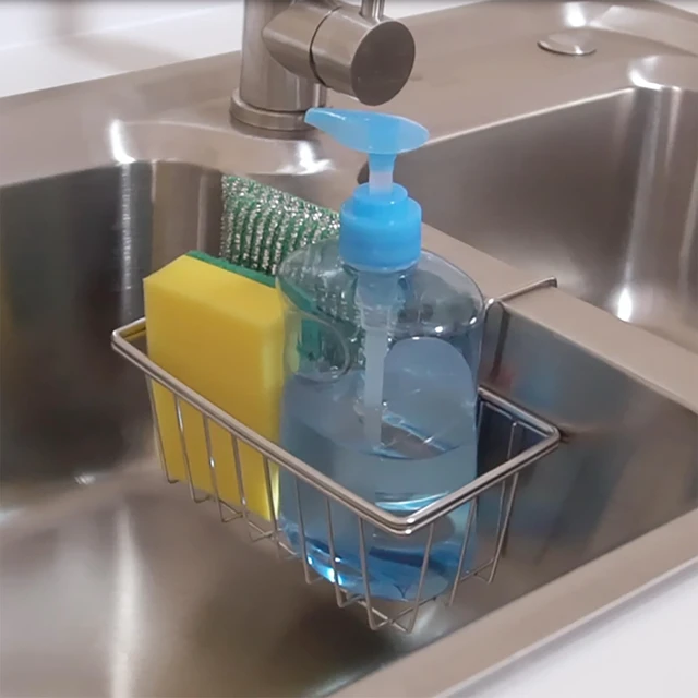 Alt view image 5 of 7 - Sponge Holder for Kitchen Sink, Stainless Steel | Movable Brush Holder, Dish Cloth Hanger, Hanging Caddy, Hooked Sink Caddy, Sinks Basket