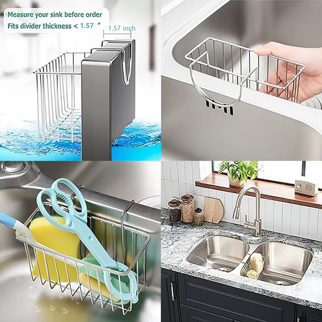 Alt view image 7 of 7 - Sponge Holder for Kitchen Sink, Stainless Steel | Movable Brush Holder, Dish Cloth Hanger, Hanging Caddy, Hooked Sink Caddy, Sinks Basket