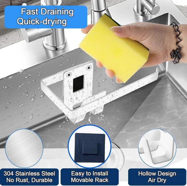 Alt view image 5 of 6 - Sponge Holder for Kitchen Sink, Sink Caddy, Wall Hanging or in-Sink | Removable Sink Rack, Rustproof Brush Holder, Self-Draining Sink Organizer, Inside Sink, Wall-Mounted, White, No Drilling