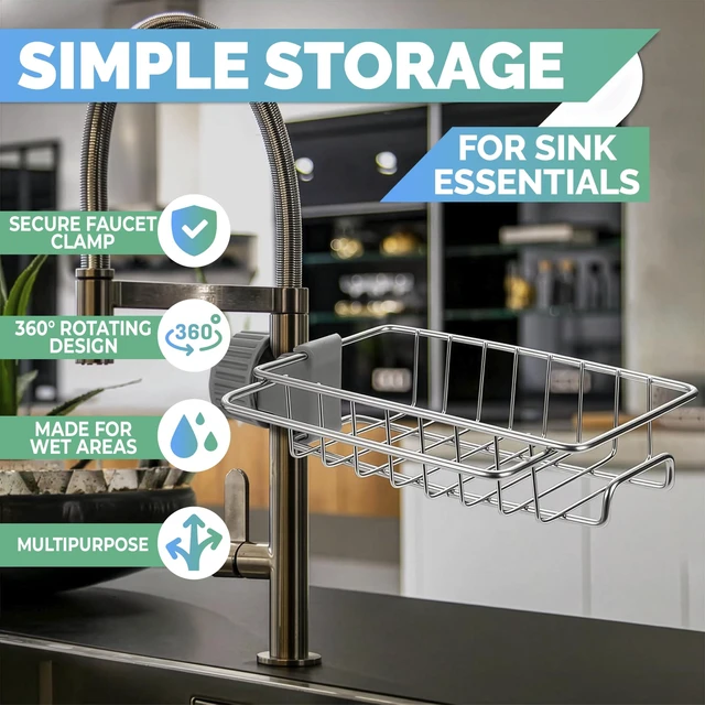 Alt view image 4 of 7 - Kitchen Sink Faucet Organizer, 6.77 in, Fits 0.59-1.18 in Pipes | Stainless Steel Sponge Holder for Kitchen Sink Around Faucet, Rust Resistant, No Drilling, Clamp On, Holds Brushes and Soap