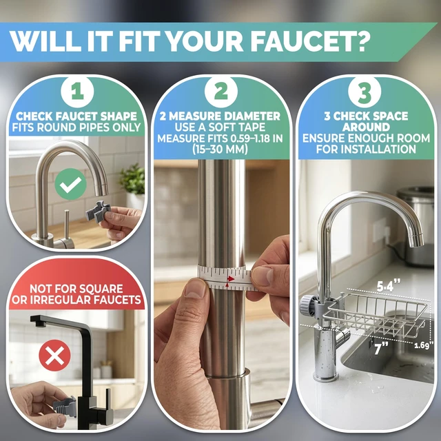 Alt view image 6 of 7 - Kitchen Sink Faucet Organizer, 6.77 in, Fits 0.59-1.18 in Pipes | Stainless Steel Sponge Holder for Kitchen Sink Around Faucet, Rust Resistant, No Drilling, Clamp On, Holds Brushes and Soap