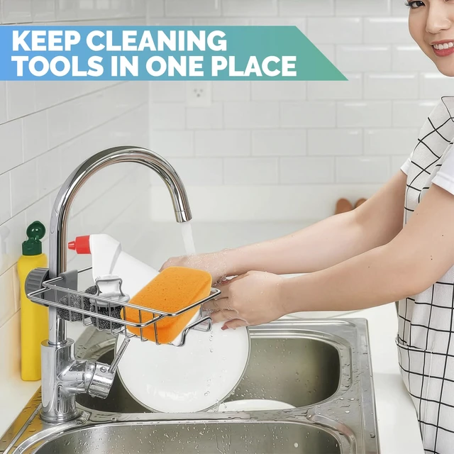 Alt view image 7 of 7 - Kitchen Sink Faucet Organizer, 6.77 in, Fits 0.59-1.18 in Pipes | Stainless Steel Sponge Holder for Kitchen Sink Around Faucet, Rust Resistant, No Drilling, Clamp On, Holds Brushes and Soap