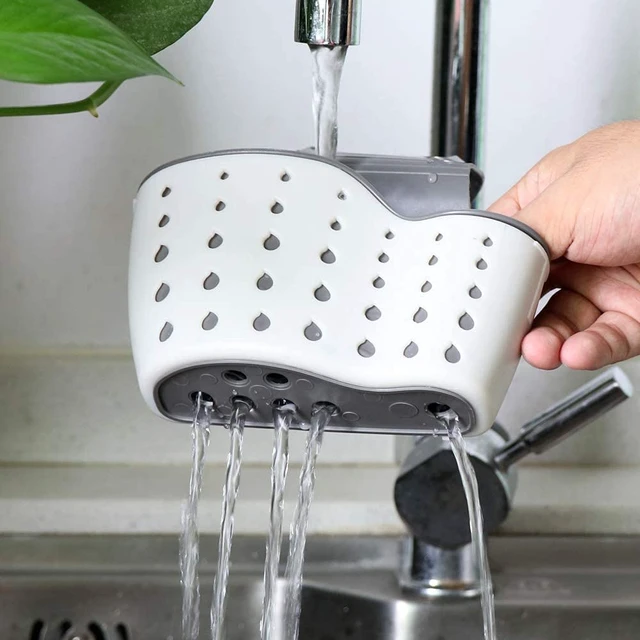 Alt view image 5 of 7 - Kitchen Sink Caddy Sponge Holder Silicone Plastic Soap Holder Hanging Ajustable Strap Faucet Caddy with Drain Holes for Drying