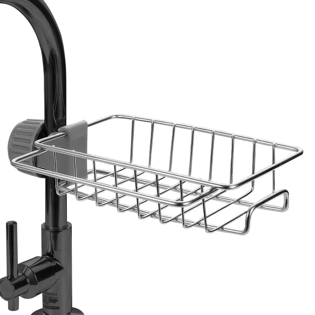 Main image of Stainless Steel Faucet Sponge Holder, 360° Rotating Design | Kitchen Sink Faucet Organizer; Holds Sponges and Brushes; 0.78"-0.98" Diameter Pipe; Rust-Resistant; for Kitchen and Bathroom