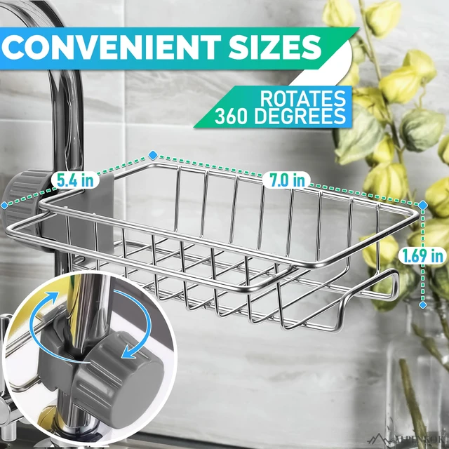 Alt view image 3 of 7 - Stainless Steel Faucet Sponge Holder, 360° Rotating Design | Kitchen Sink Faucet Organizer; Holds Sponges and Brushes; 0.78"-0.98" Diameter Pipe; Rust-Resistant; for Kitchen and Bathroom
