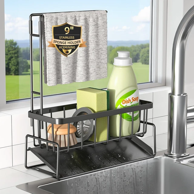 Main image of Sink Caddy with Towel Holder, Stainless Steel Kitchen Sink | Kitchen Sink Caddy with Towel Rack, Dish Towel Drying Rack and Rustproof Sponge Holder for Countertop