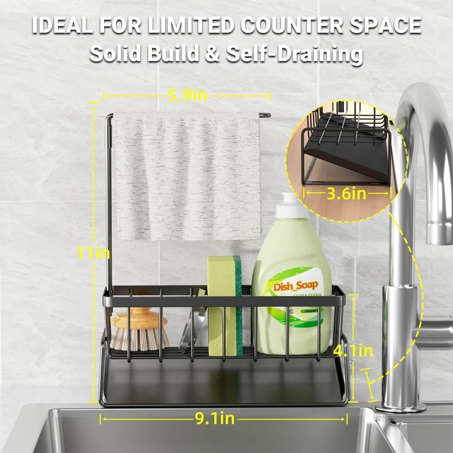 Alt view image 2 of 7 - Sink Caddy with Towel Holder, Stainless Steel Kitchen Sink | Kitchen Sink Caddy with Towel Rack, Dish Towel Drying Rack and Rustproof Sponge Holder for Countertop