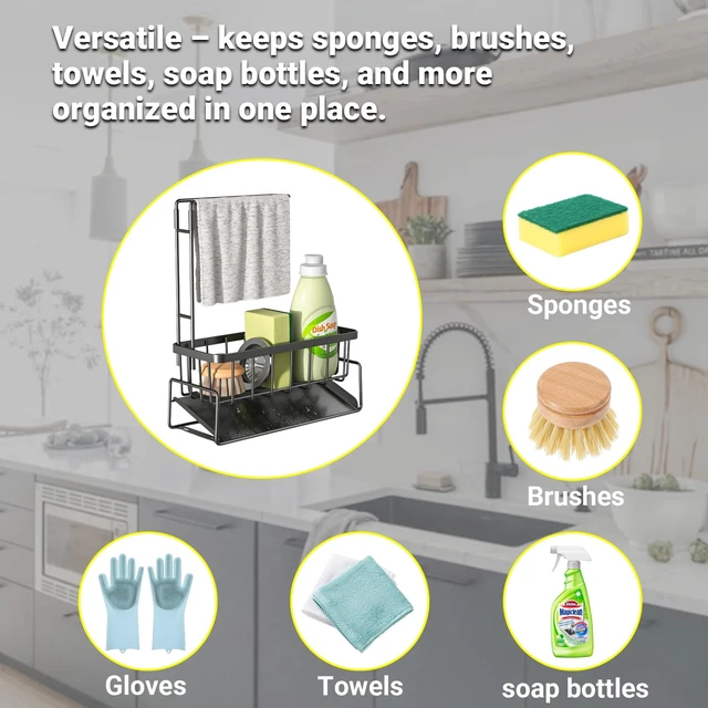 Alt view image 4 of 7 - Sink Caddy with Towel Holder, Stainless Steel Kitchen Sink | Kitchen Sink Caddy with Towel Rack, Dish Towel Drying Rack and Rustproof Sponge Holder for Countertop