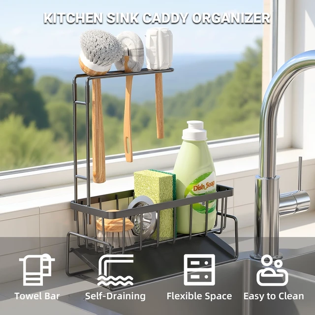 Alt view image 3 of 7 - Sink Caddy with Towel Holder, Stainless Steel Kitchen Sink | Kitchen Sink Caddy with Towel Rack, Dish Towel Drying Rack and Rustproof Sponge Holder for Countertop