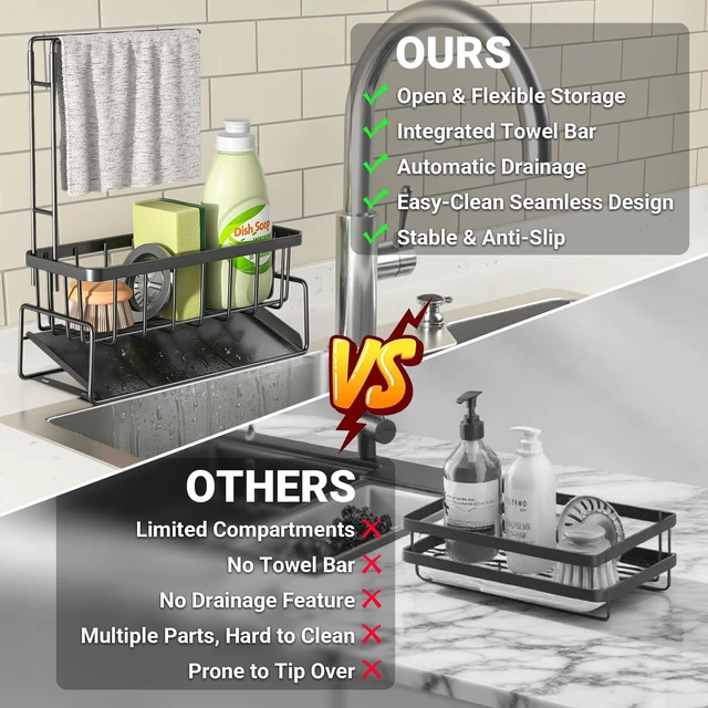 Alt view image 5 of 7 - Sink Caddy with Towel Holder, Stainless Steel Kitchen Sink | Kitchen Sink Caddy with Towel Rack, Dish Towel Drying Rack and Rustproof Sponge Holder for Countertop