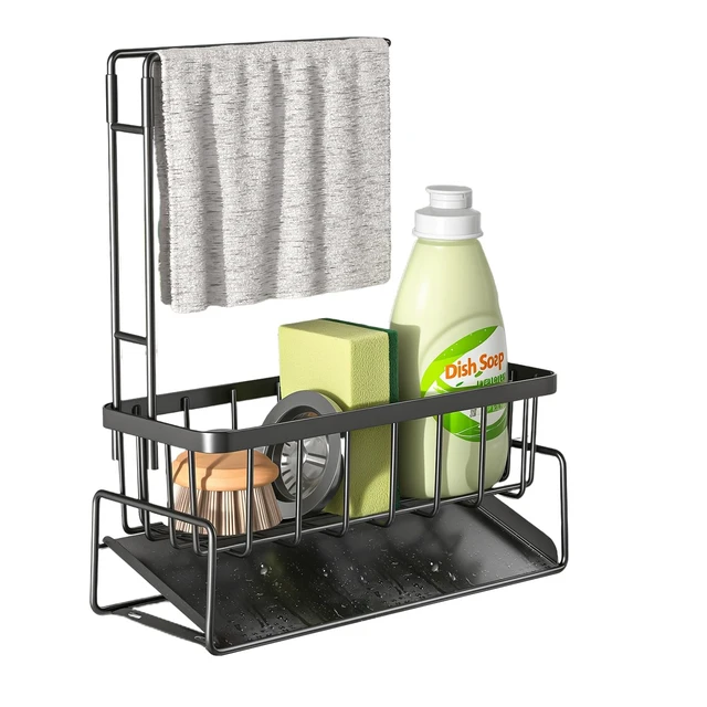 Alt view image 7 of 7 - Sink Caddy with Towel Holder, Stainless Steel Kitchen Sink | Kitchen Sink Caddy with Towel Rack, Dish Towel Drying Rack and Rustproof Sponge Holder for Countertop