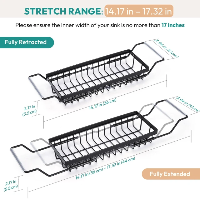 Alt view image 2 of 7 - Over the Kitchen Sink Caddy Expandable (14.17-17.32 in) | Stainless Steel Anti-Slip Rustproof Sink Organizer Rack, Hanging Drying Holder for Sponges, Soap, Brushes, Dishcloths and Rag