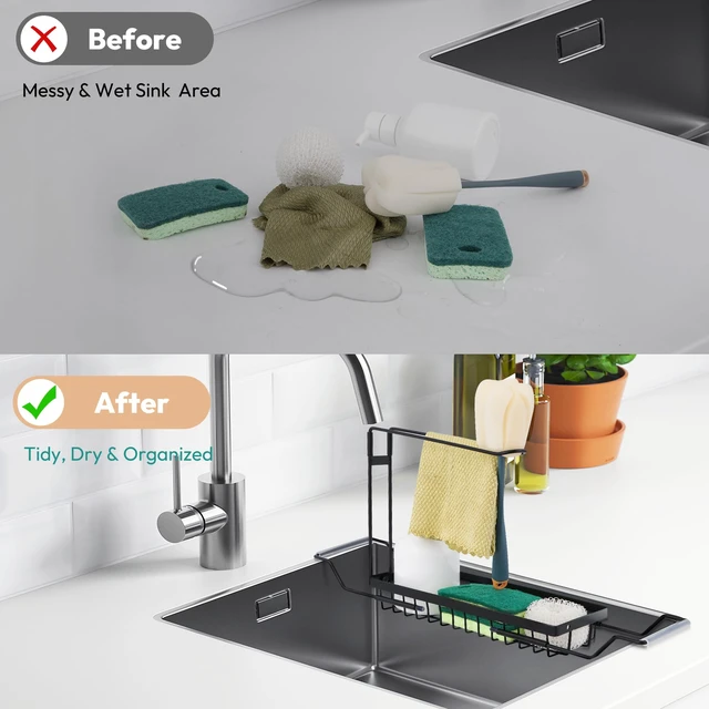 Alt view image 3 of 7 - Over the Kitchen Sink Caddy Expandable (14.17-17.32 in) | Stainless Steel Anti-Slip Rustproof Sink Organizer Rack, Hanging Drying Holder for Sponges, Soap, Brushes, Dishcloths and Rag