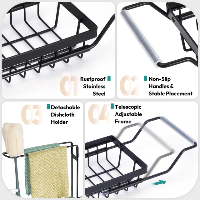Alt view image 4 of 7 - Over the Kitchen Sink Caddy Expandable (14.17-17.32 in) | Stainless Steel Anti-Slip Rustproof Sink Organizer Rack, Hanging Drying Holder for Sponges, Soap, Brushes, Dishcloths and Rag