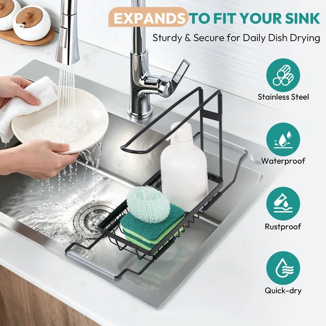 Alt view image 5 of 7 - Over the Kitchen Sink Caddy Expandable (14.17-17.32 in) | Stainless Steel Anti-Slip Rustproof Sink Organizer Rack, Hanging Drying Holder for Sponges, Soap, Brushes, Dishcloths and Rag