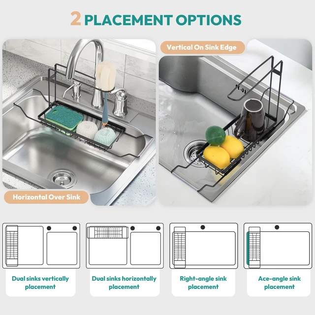 Alt view image 6 of 7 - Over the Kitchen Sink Caddy Expandable (14.17-17.32 in) | Stainless Steel Anti-Slip Rustproof Sink Organizer Rack, Hanging Drying Holder for Sponges, Soap, Brushes, Dishcloths and Rag