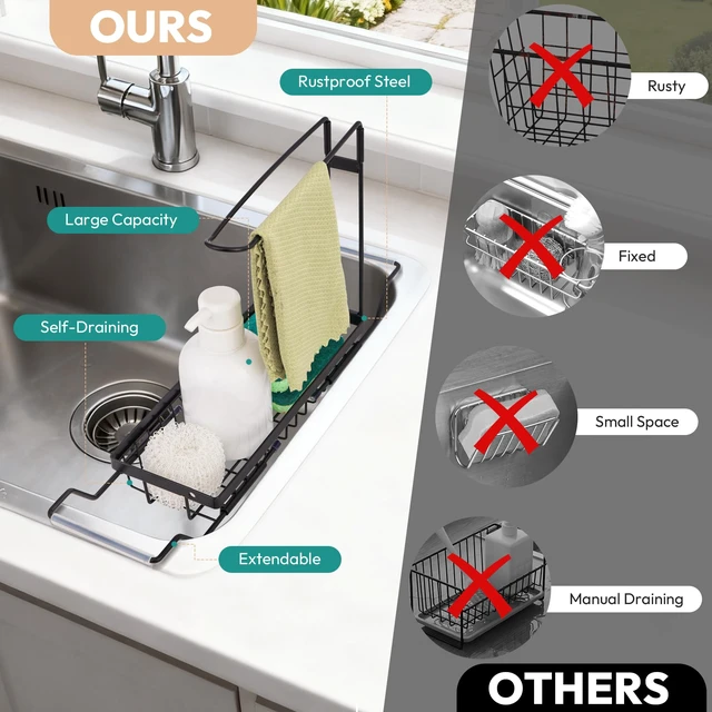 Alt view image 7 of 7 - Over the Kitchen Sink Caddy Expandable (14.17-17.32 in) | Stainless Steel Anti-Slip Rustproof Sink Organizer Rack, Hanging Drying Holder for Sponges, Soap, Brushes, Dishcloths and Rag