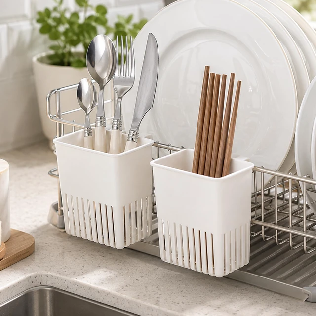 Alt view image 5 of 6 - Cutlery Drainer for Sink Hanging Cutlery Drainer Caddy with Hooks | Utensil Drying Rack 2PCS White Kitchen Drying Basket Spoon Drainer Utensil Drying Holder Organizer for Forks Spoons Knives