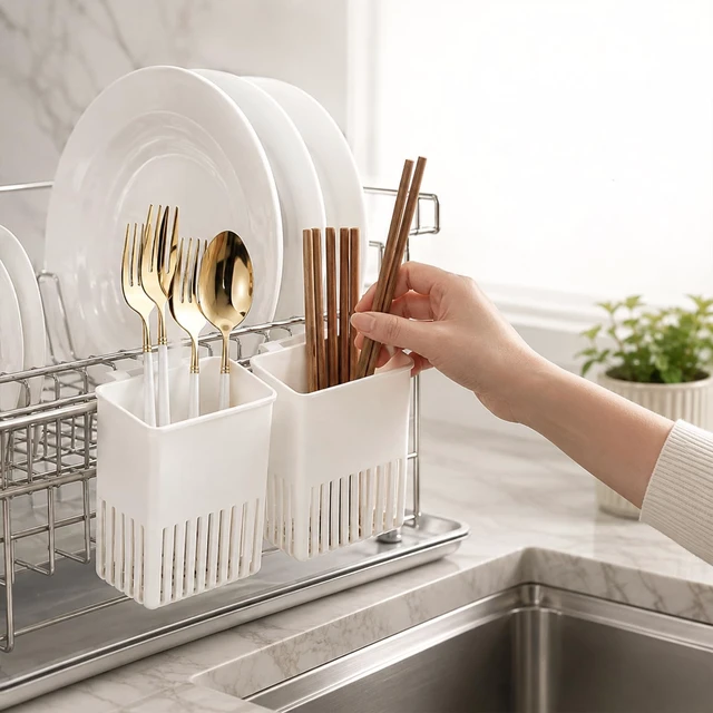 Alt view image 4 of 6 - Cutlery Drainer for Sink Hanging Cutlery Drainer Caddy with Hooks | Utensil Drying Rack 2PCS White Kitchen Drying Basket Spoon Drainer Utensil Drying Holder Organizer for Forks Spoons Knives