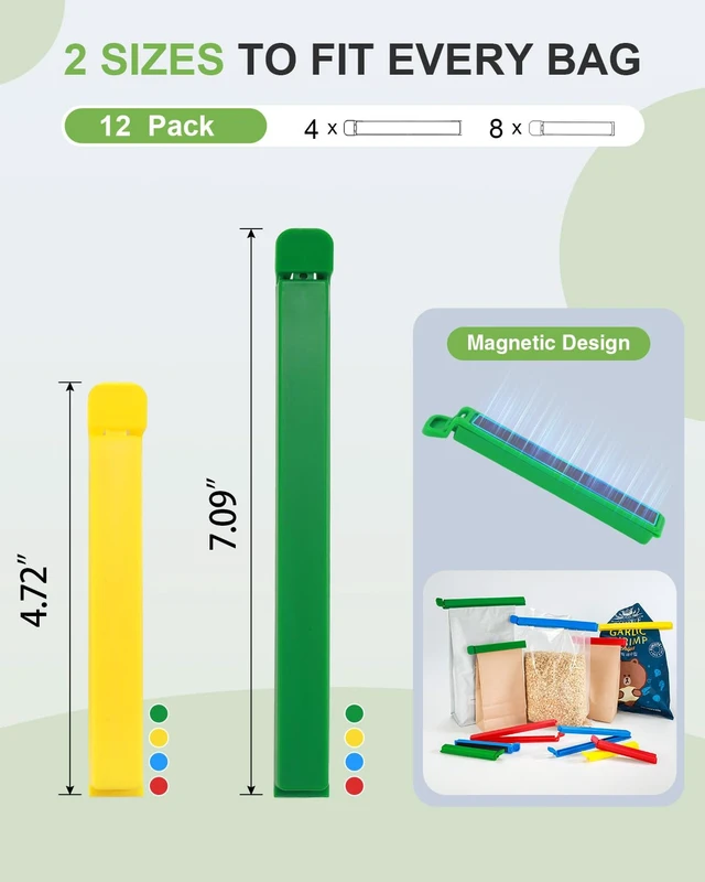 Alt view image 2 of 7 - 12 PCS Plastic Chip Clips with Magnetic, Bag Clip for Food Storage, Food Bag Sealing Clip, Wide Open Food Clips for Bread, Snacks, Fridge Organizer Kitchen, Easy to Store (8 x S,4 x L)
