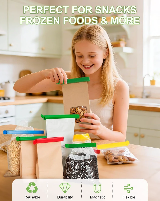 Alt view image 4 of 7 - 12 PCS Plastic Chip Clips with Magnetic, Bag Clip for Food Storage, Food Bag Sealing Clip, Wide Open Food Clips for Bread, Snacks, Fridge Organizer Kitchen, Easy to Store (8 x S,4 x L)