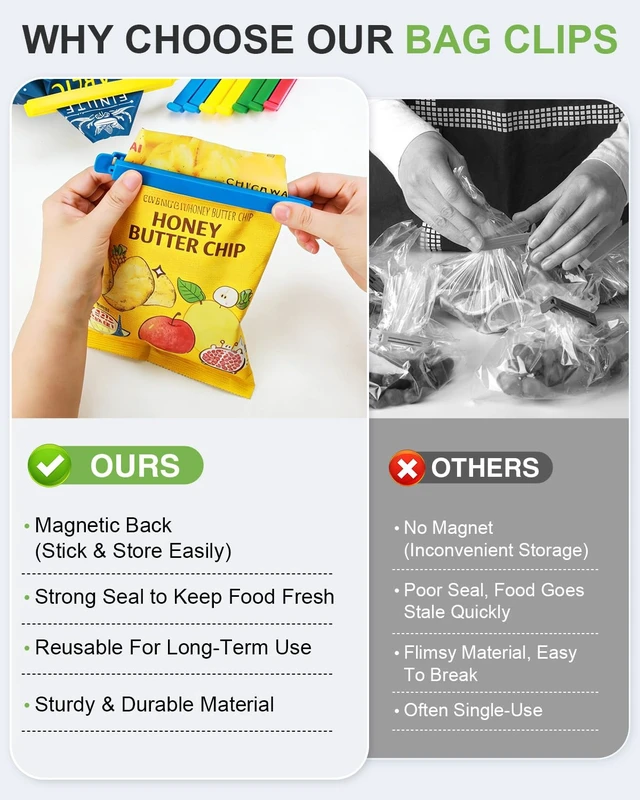 Alt view image 5 of 7 - 12 PCS Plastic Chip Clips with Magnetic, Bag Clip for Food Storage, Food Bag Sealing Clip, Wide Open Food Clips for Bread, Snacks, Fridge Organizer Kitchen, Easy to Store (8 x S,4 x L)