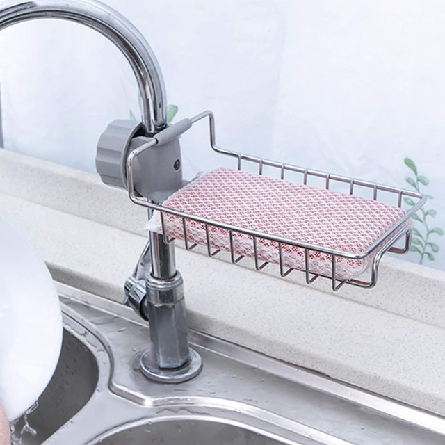 Alt view image 3 of 7 - Stainless Steel Over Faucet Sink Caddy, Detachable Hanging Sponge Holder | for Kitchen & Bathroom, Adjustable Drain Storage Rack for Sponges, Scrub Brushes, Soap, Dishcloth