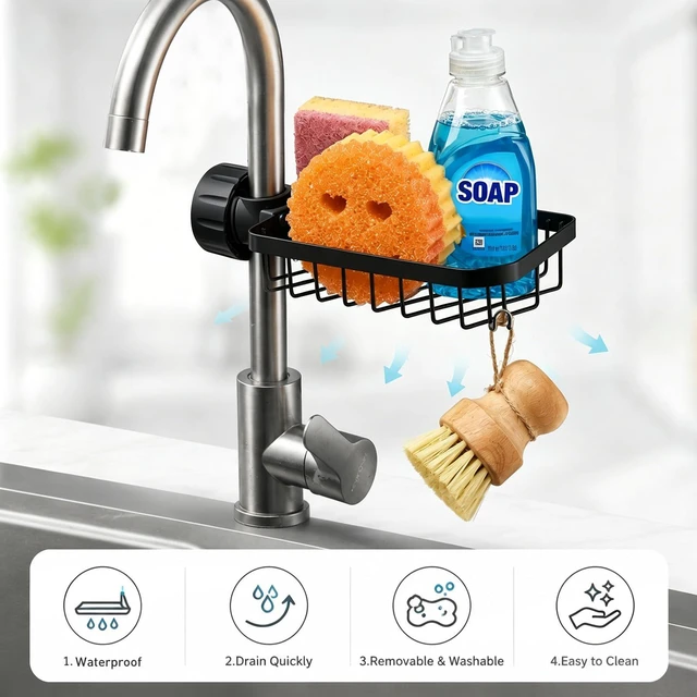 Alt view image 3 of 7 - Kitchen Sink Sponge Holder over Faucet Caddy Organizer for Round Faucet | Kitchen Sink Organizer, Rustproof Sponge Storage, Adjustable Sink Caddy(Black)