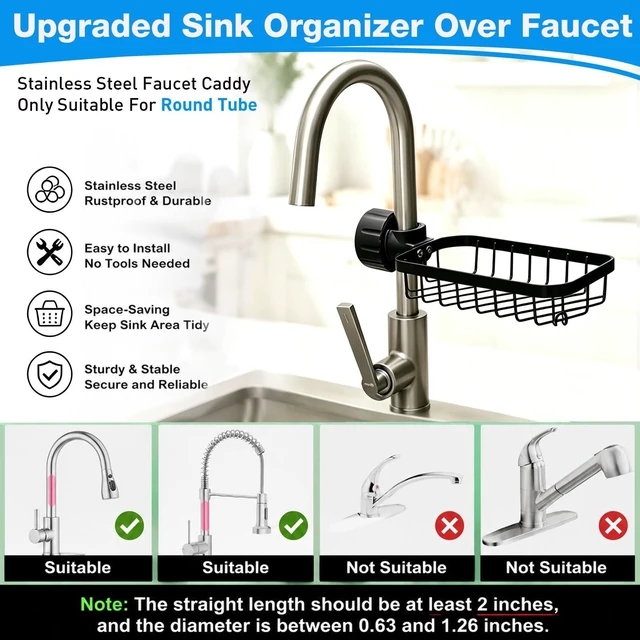 Alt view image 2 of 7 - Kitchen Sink Sponge Holder over Faucet Caddy Organizer for Round Faucet | Kitchen Sink Organizer, Rustproof Sponge Storage, Adjustable Sink Caddy(Black)