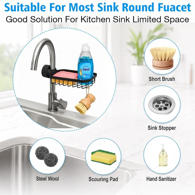 Alt view image 4 of 7 - Kitchen Sink Sponge Holder over Faucet Caddy Organizer for Round Faucet | Kitchen Sink Organizer, Rustproof Sponge Storage, Adjustable Sink Caddy(Black)