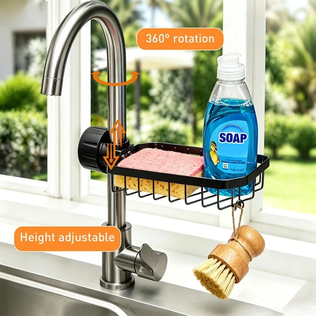 Alt view image 5 of 7 - Kitchen Sink Sponge Holder over Faucet Caddy Organizer for Round Faucet | Kitchen Sink Organizer, Rustproof Sponge Storage, Adjustable Sink Caddy(Black)
